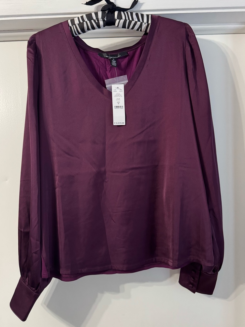 WHBM Women's Plum V-Neck Long Sleeve Blouse (Mixed Material)
